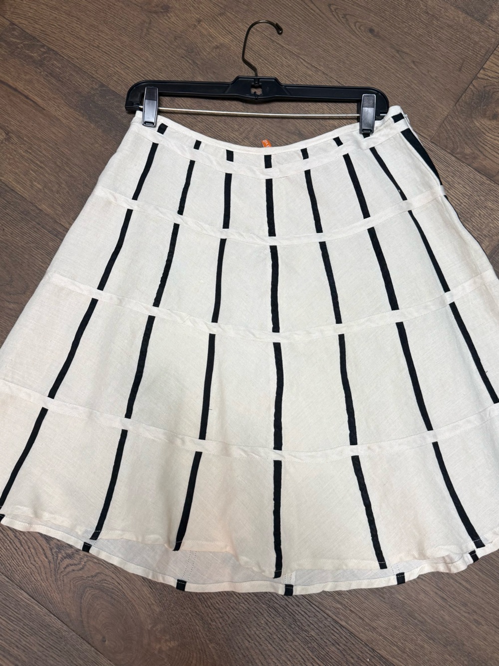 The West Village London. Linen. Classic Ivory A-Line Skirt with Black Stripes.